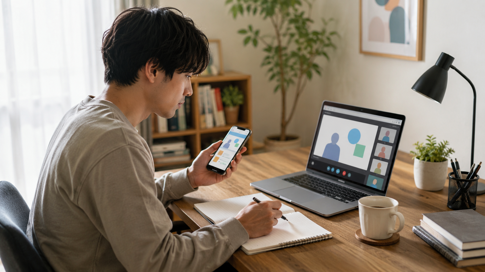 自宅のデスクでパソコンとスマートフォンを使ってオンラインでSNSの勉強をしている社会人のイメージ